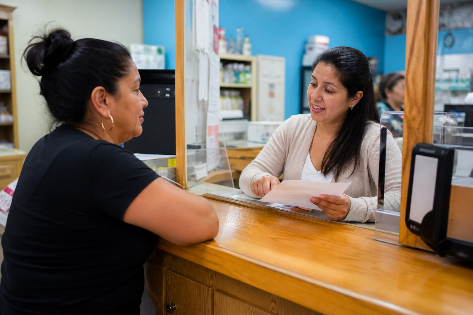 Clienta recibiendo atención en español para enviar dinero a su familia